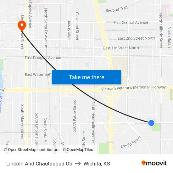 Lincoln And Chautauqua Ob to Wichita, KS map