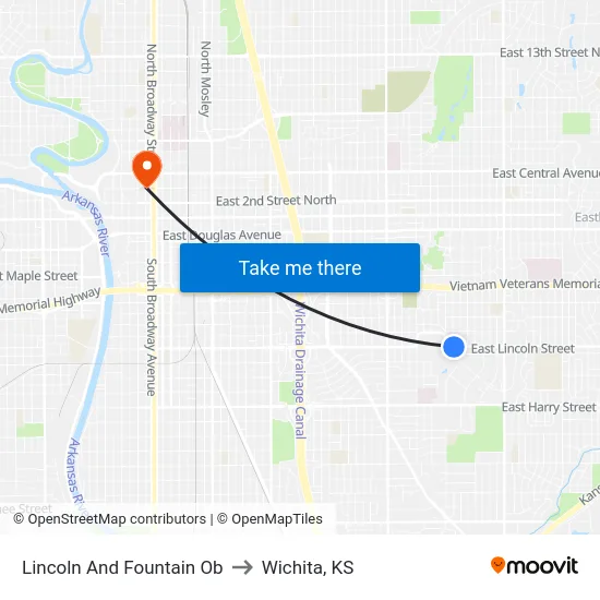 Lincoln And Fountain  Ob to Wichita, KS map