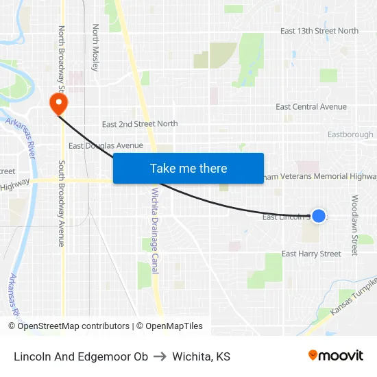 Lincoln And Edgemoor Ob to Wichita, KS map