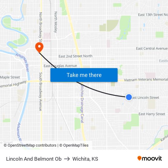 Lincoln And Belmont Ob to Wichita, KS map