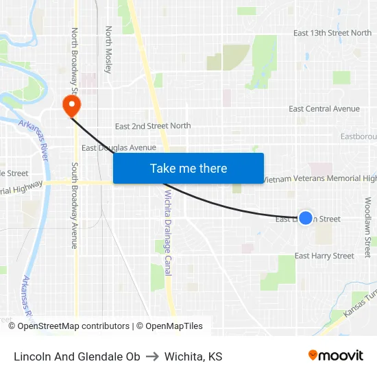 Lincoln And Glendale Ob to Wichita, KS map