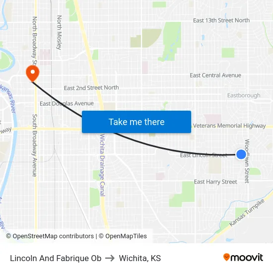 Lincoln And Fabrique Ob to Wichita, KS map