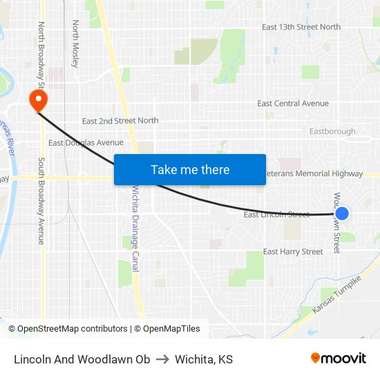 Lincoln And Woodlawn Ob to Wichita, KS map