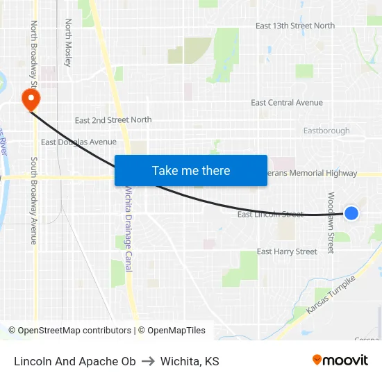 Lincoln And Apache Ob to Wichita, KS map