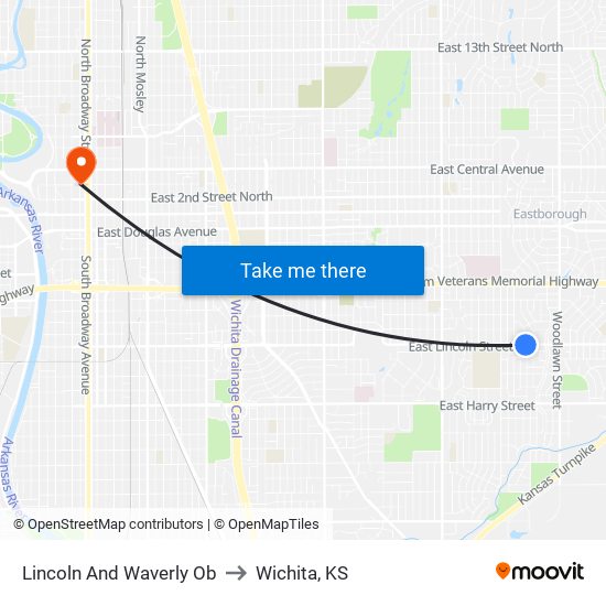 Lincoln And Waverly Ob to Wichita, KS map