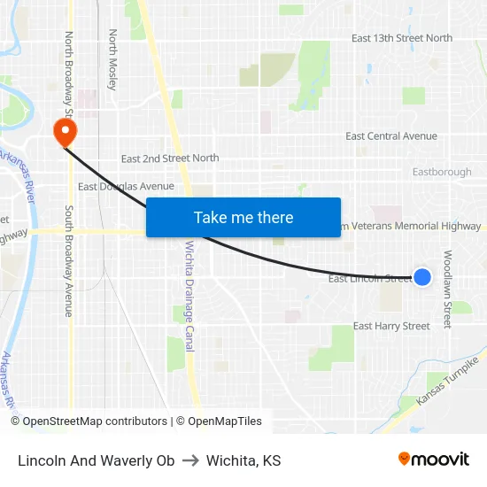 Lincoln And Waverly Ob to Wichita, KS map