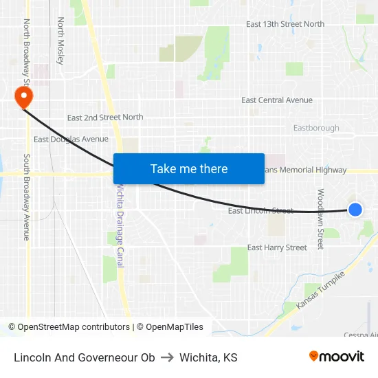 Lincoln And Governeour  Ob to Wichita, KS map