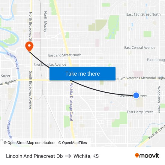 Lincoln And Pinecrest  Ob to Wichita, KS map