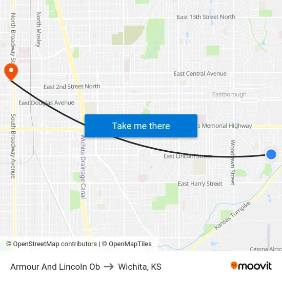 Armour And Lincoln Ob to Wichita, KS map