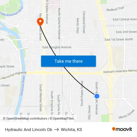 Hydraulic And Lincoln Ob to Wichita, KS map
