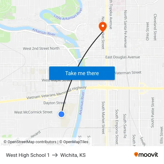 West High School 1 to Wichita, KS map