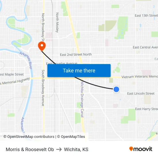Morris & Roosevelt Ob to Wichita, KS map