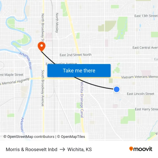 Morris & Roosevelt Inbd to Wichita, KS map