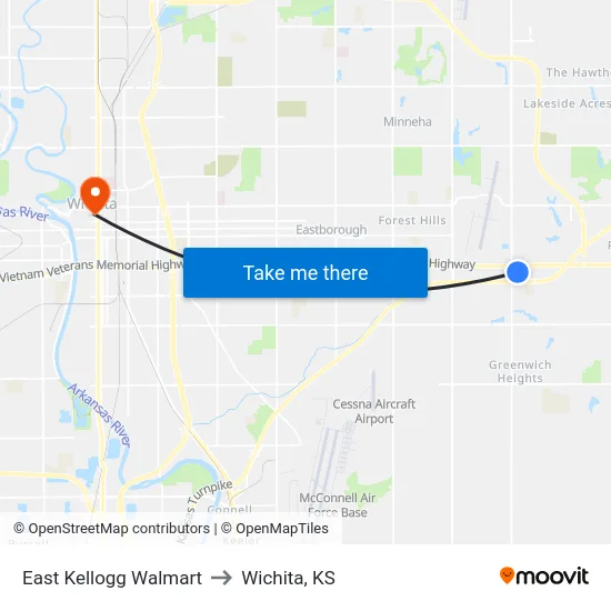 East Kellogg Walmart to Wichita, KS map
