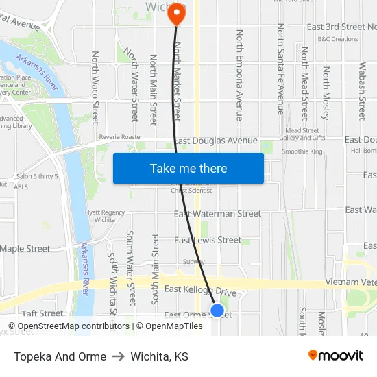 Topeka And Orme to Wichita, KS map