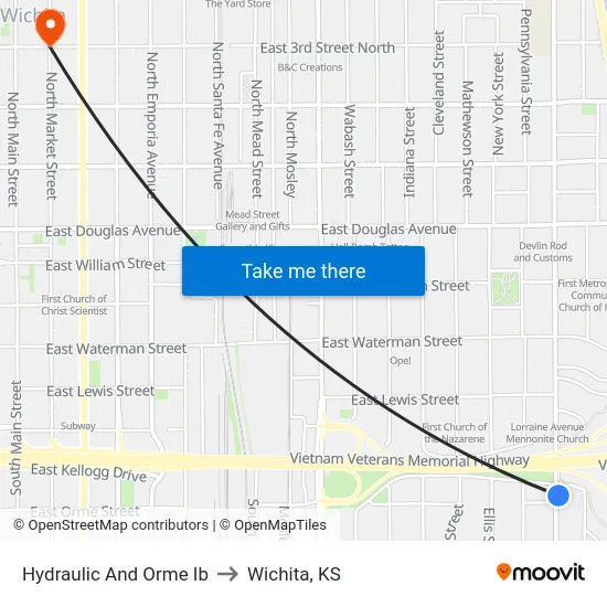 Hydraulic And Orme Ib to Wichita, KS map