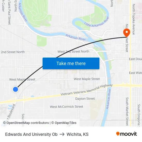 Edwards And University Ob to Wichita, KS map