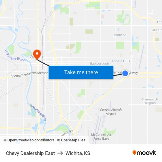 Chevy Dealership East to Wichita, KS map