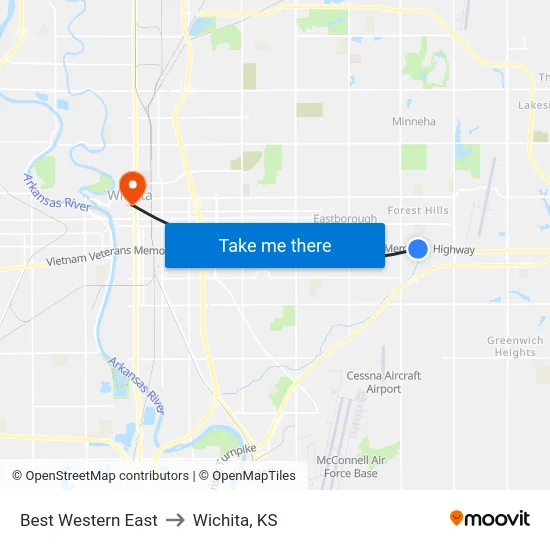 Best Western East to Wichita, KS map