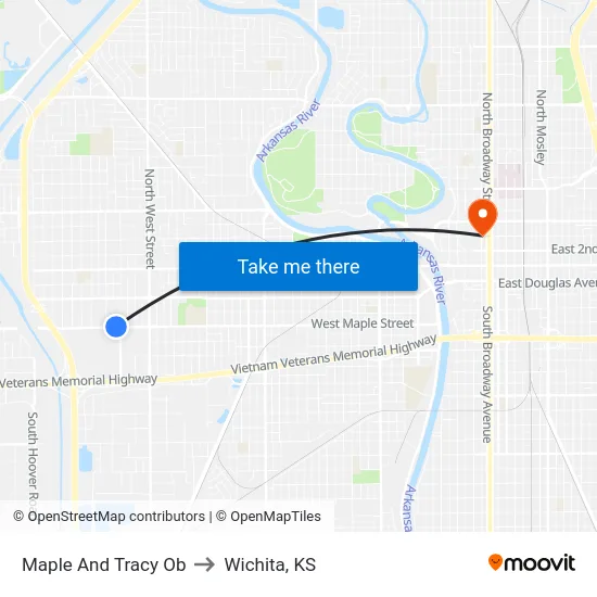 Maple And Tracy Ob to Wichita, KS map