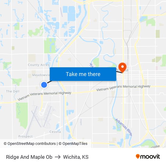 Ridge And Maple Ob to Wichita, KS map