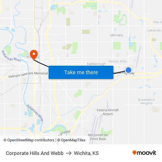 Corporate Hills And Webb to Wichita, KS map