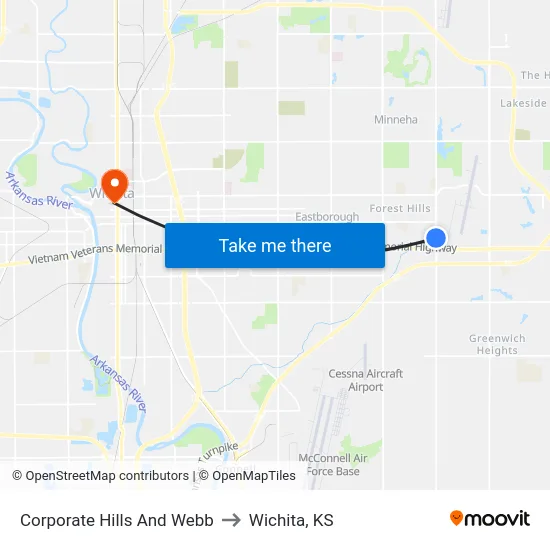 Corporate Hills And Webb to Wichita, KS map