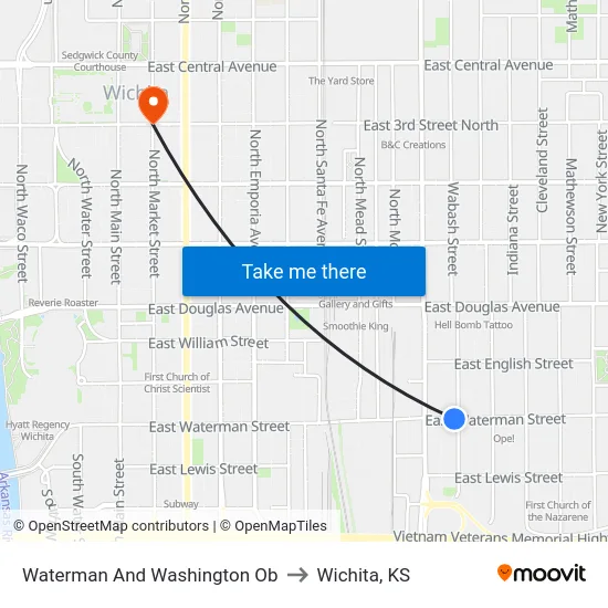 Waterman And Washington Ob to Wichita, KS map