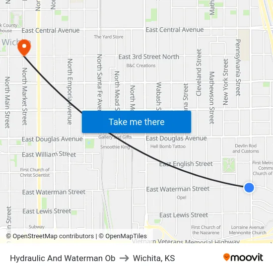 Hydraulic And Waterman Ob to Wichita, KS map