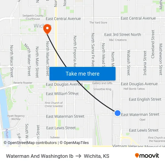 Waterman And Washington Ib to Wichita, KS map