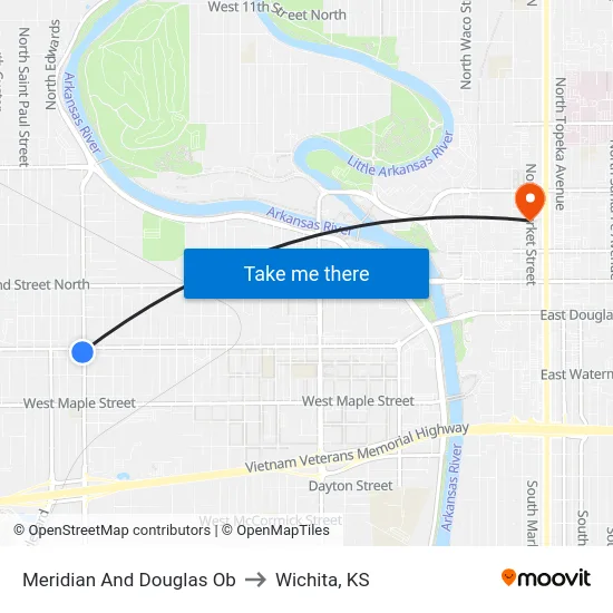 Meridian And Douglas Ob to Wichita, KS map