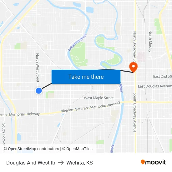 Douglas And West Ib to Wichita, KS map