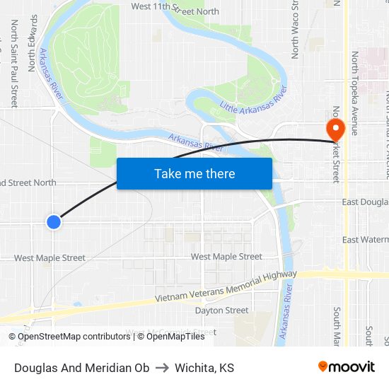 Douglas And Meridian Ob to Wichita, KS map