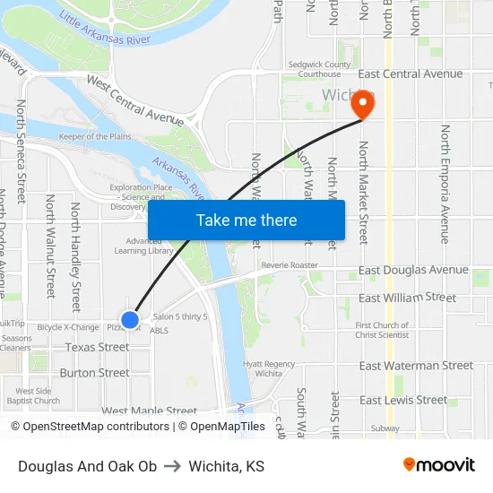 Douglas And Oak Ob to Wichita, KS map