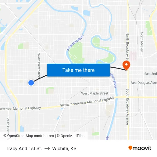 Tracy And 1st St. to Wichita, KS map