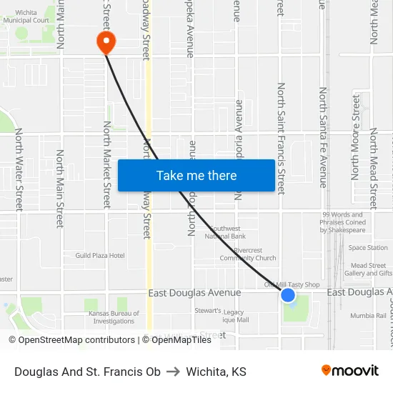 Douglas And St. Francis Ob to Wichita, KS map