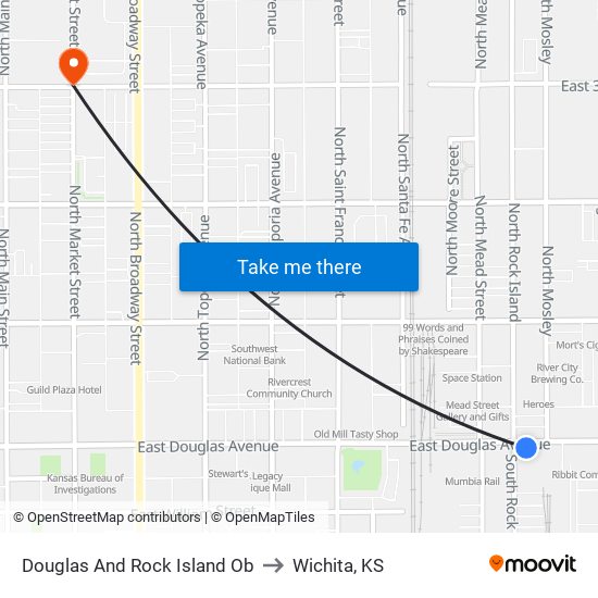 Douglas And Rock Island Ob to Wichita, KS map