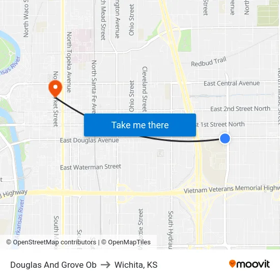 Douglas And Grove Ob to Wichita, KS map