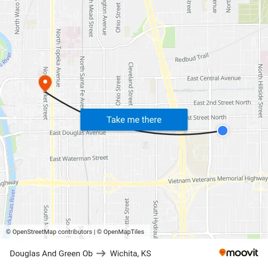Douglas And Green Ob to Wichita, KS map
