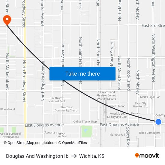 Douglas And Washington Ib to Wichita, KS map