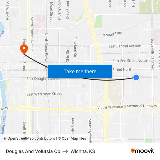 Douglas And Volutsia Ob to Wichita, KS map