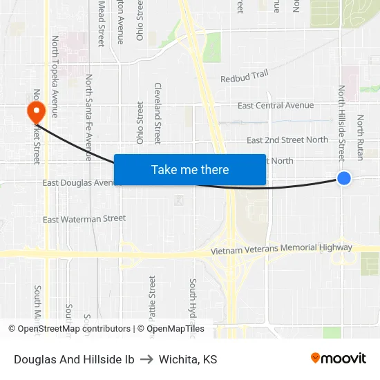 Douglas And Hillside Ib to Wichita, KS map