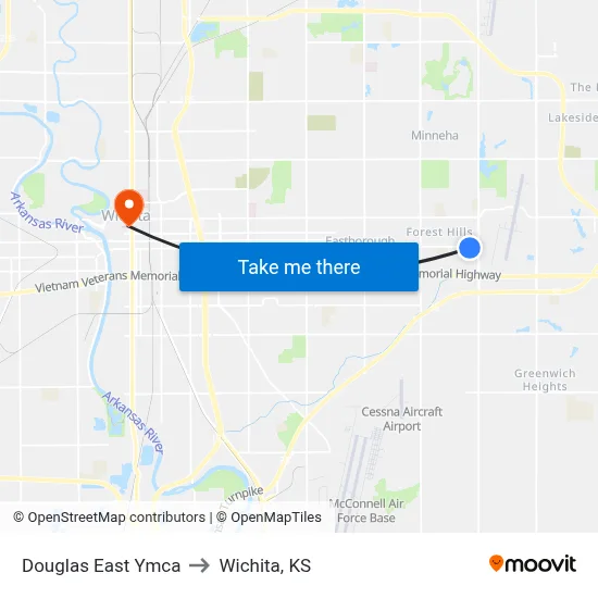 Douglas East Ymca to Wichita, KS map