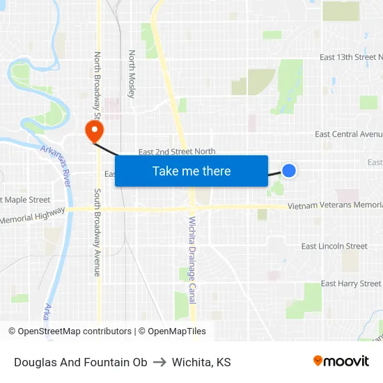 Douglas And Fountain Ob to Wichita, KS map