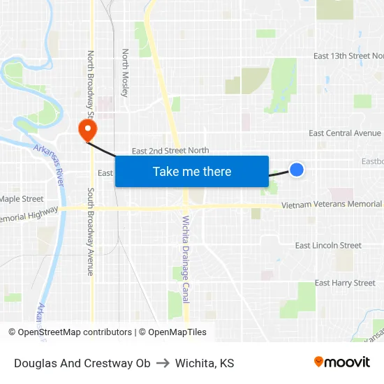 Douglas And Crestway Ob to Wichita, KS map