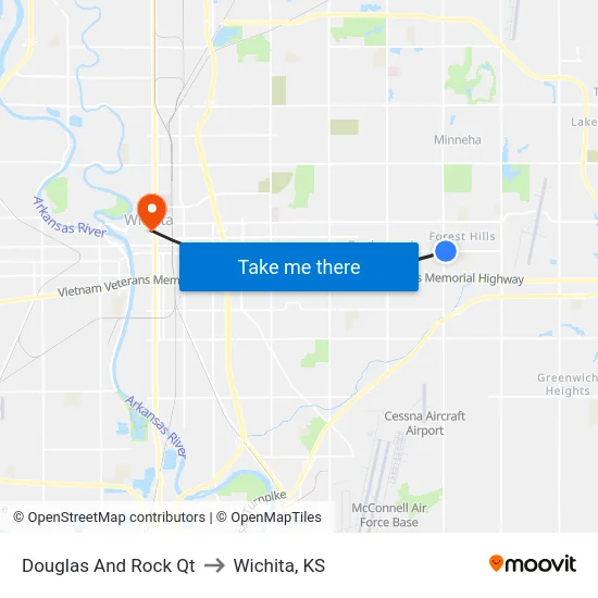 Douglas And Rock Qt to Wichita, KS map