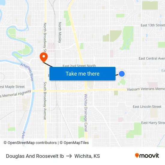 Douglas And Roosevelt Ib to Wichita, KS map