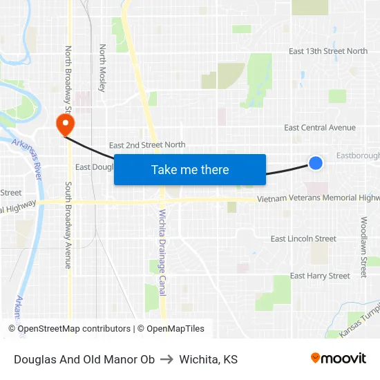 Douglas And Old Manor Ob to Wichita, KS map