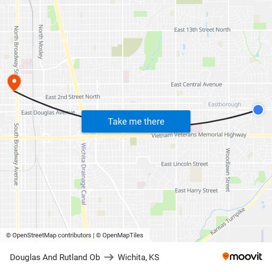 Douglas And Rutland Ob to Wichita, KS map