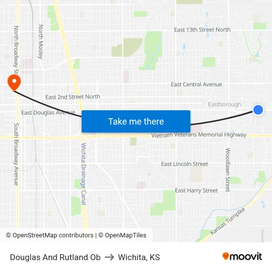 Douglas And Rutland Ob to Wichita, KS map